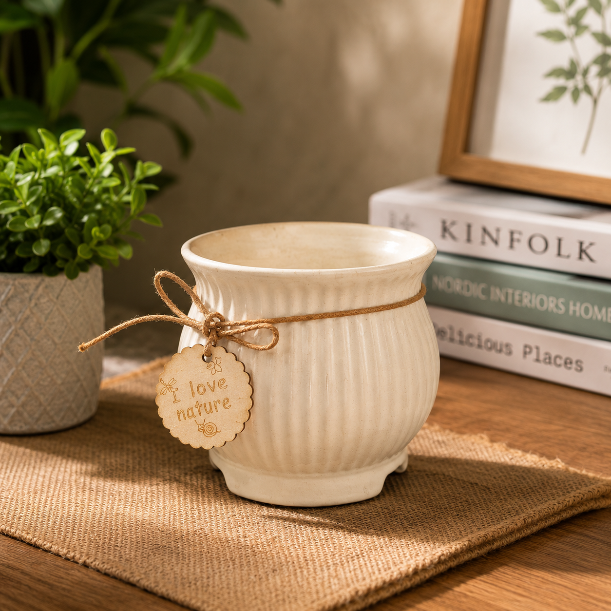 Rustic Ribbed Ceramic Flower Pot with "I Love Nature" Wooden Charm | Decorative Indoor Planter for Home & Office