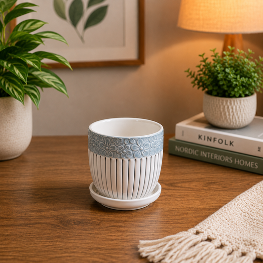 Premium Floral Embossed Ceramic Flower Pot Set with Matching Saucers for Indoor Plants, Home Décor, Office Desk & Living Room Decoration