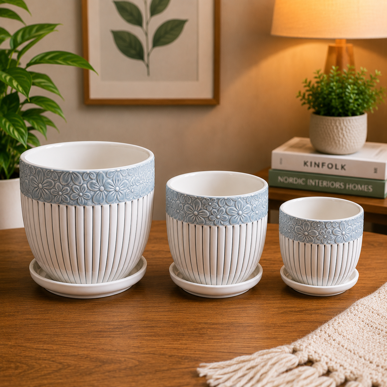 Premium Floral Embossed Ceramic Flower Pot Set with Matching Saucers for Indoor Plants, Home Décor, Office Desk & Living Room Decoration