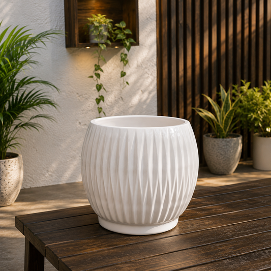 Luxury White Fluted Ceramic Flower Pot for Indoor Plants, Home Decoration, Office Desk & Modern Living Spaces