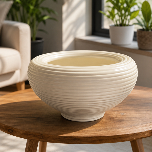 Premium White Ribbed Bowl Ceramic Planter Pot for Succulents, Bonsai, Indoor Plants & Modern Home Décor