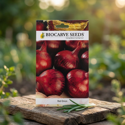 Biocarve Seeds red onion seed packet on a wooden surface with a garden background