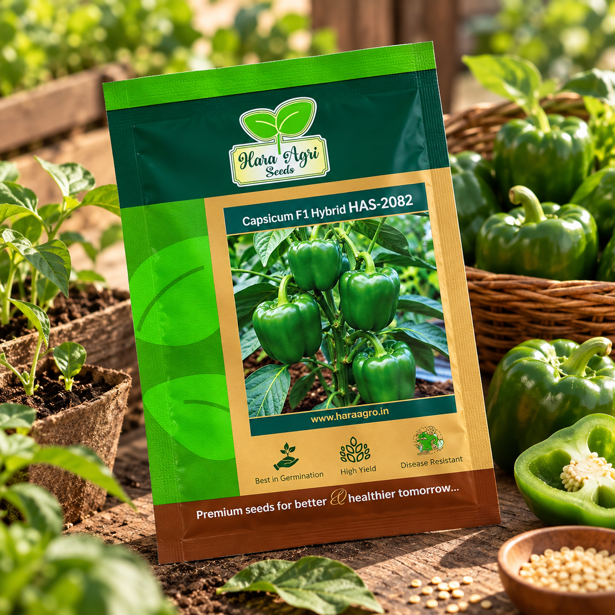 Hara Agri Seeds Capsicum F1 Hybrid HAS-2082 Seeds – High Yield Green Bell Pepper Variety with Good Germination and Disease Resistance for Home Gardening & Commercial Farming
