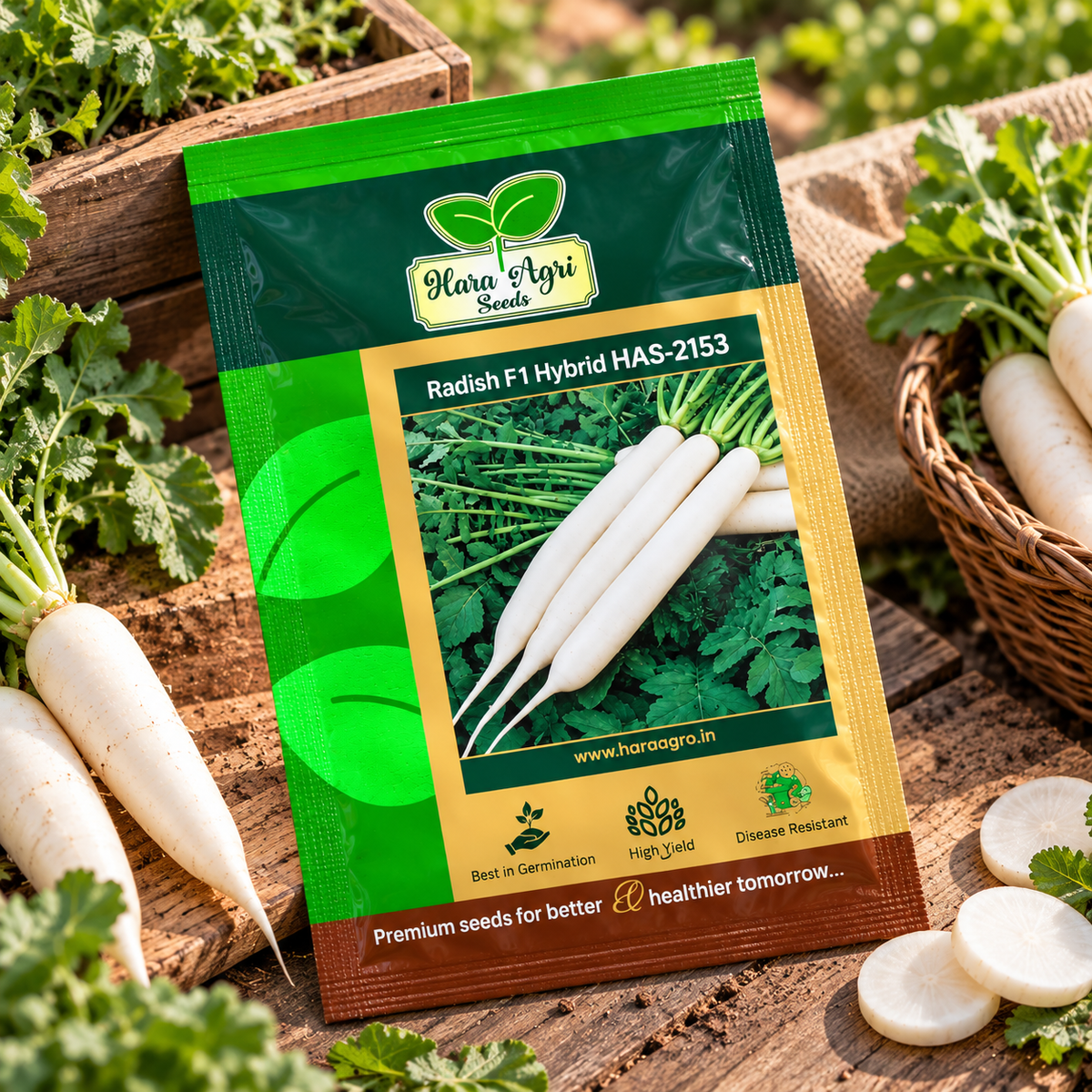 Hara Agri Seeds Radish F1 Hybrid HAS-2153 – Premium White Radish Seeds for Fast Growth, High Yield, Uniform Roots & Better Crop Performance
