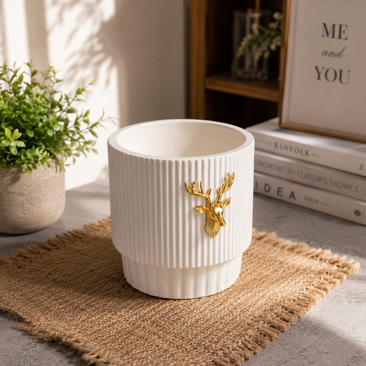 Luxury Ribbed Ceramic Planter Pot with Golden Deer Accent | Decorative Indoor Flower Pot for Home, Office & Tabletop Plants | Available in White & Grey