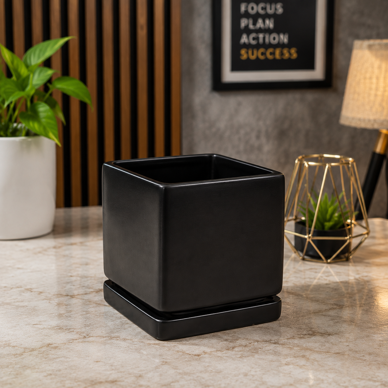 Premium Matte Black Square Ceramic Planter Pot with Matching Saucer for Indoor Plants, Office Desk & Modern Home Décor