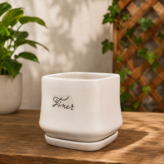 Premium White Geometric Ceramic Planter Pot with Matching Saucer for Indoor Plants, Succulents, Home & Office Décor