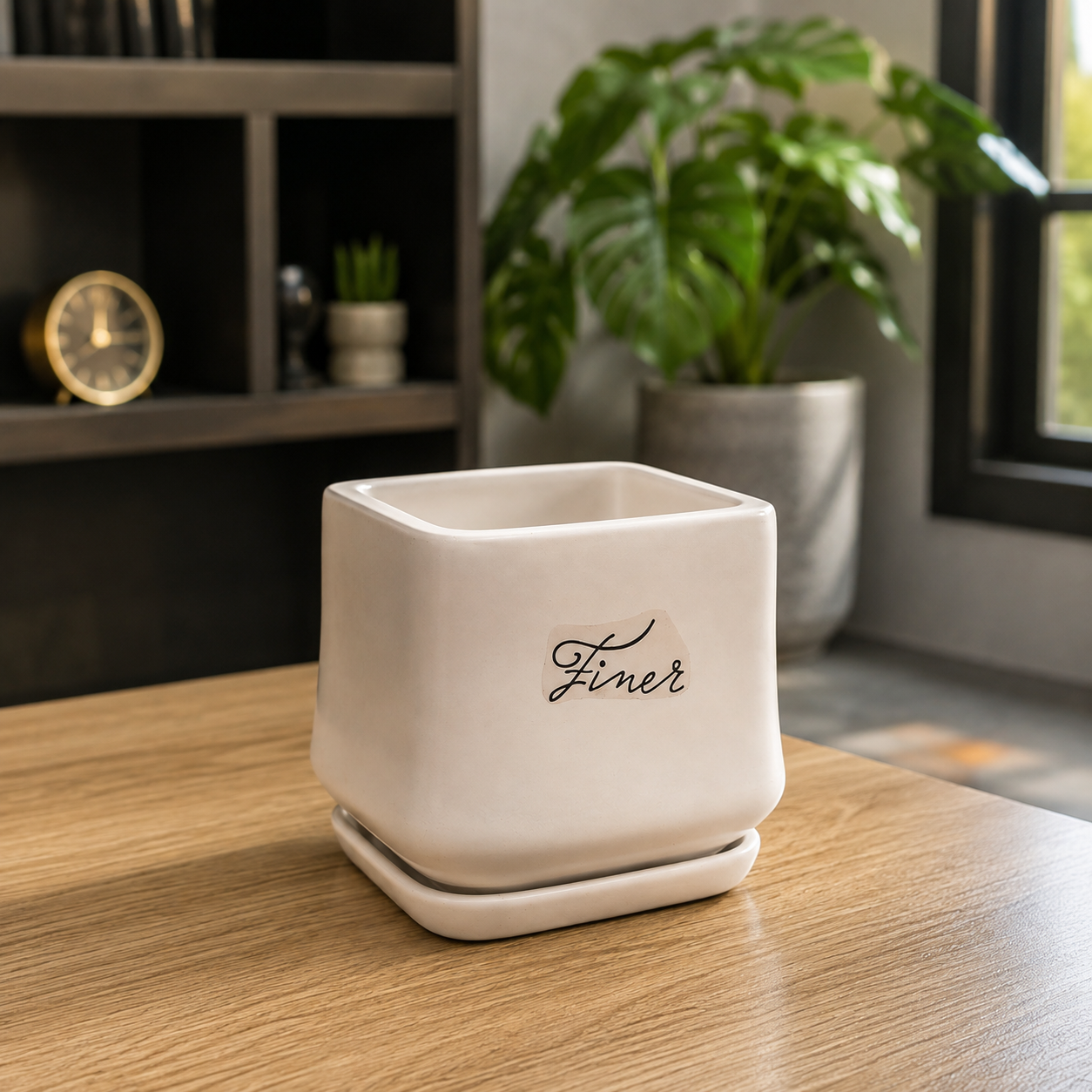 Premium White Geometric Ceramic Planter Pot with Matching Saucer for Indoor Plants, Succulents, Home & Office Décor