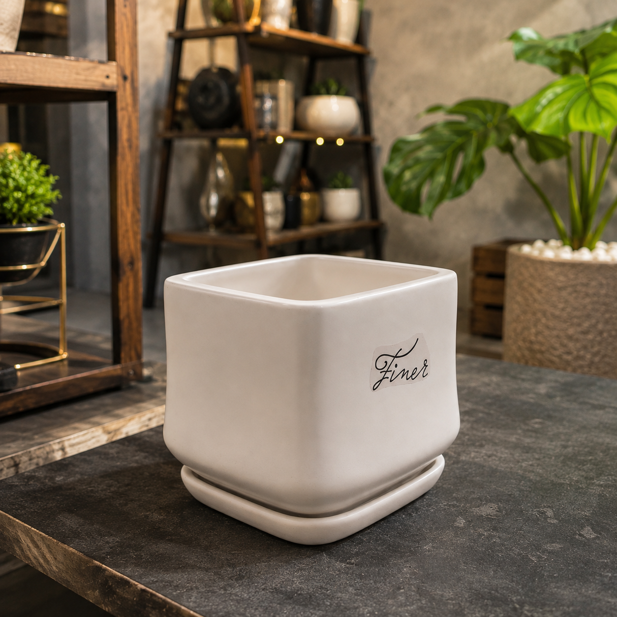 Premium White Geometric Ceramic Planter Pot with Matching Saucer for Indoor Plants, Succulents, Home & Office Décor