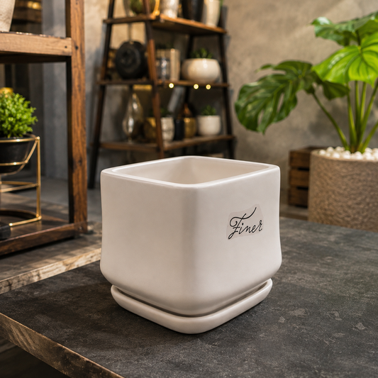 Premium White Geometric Ceramic Planter Pot with Matching Saucer for Indoor Plants, Succulents, Home & Office Décor