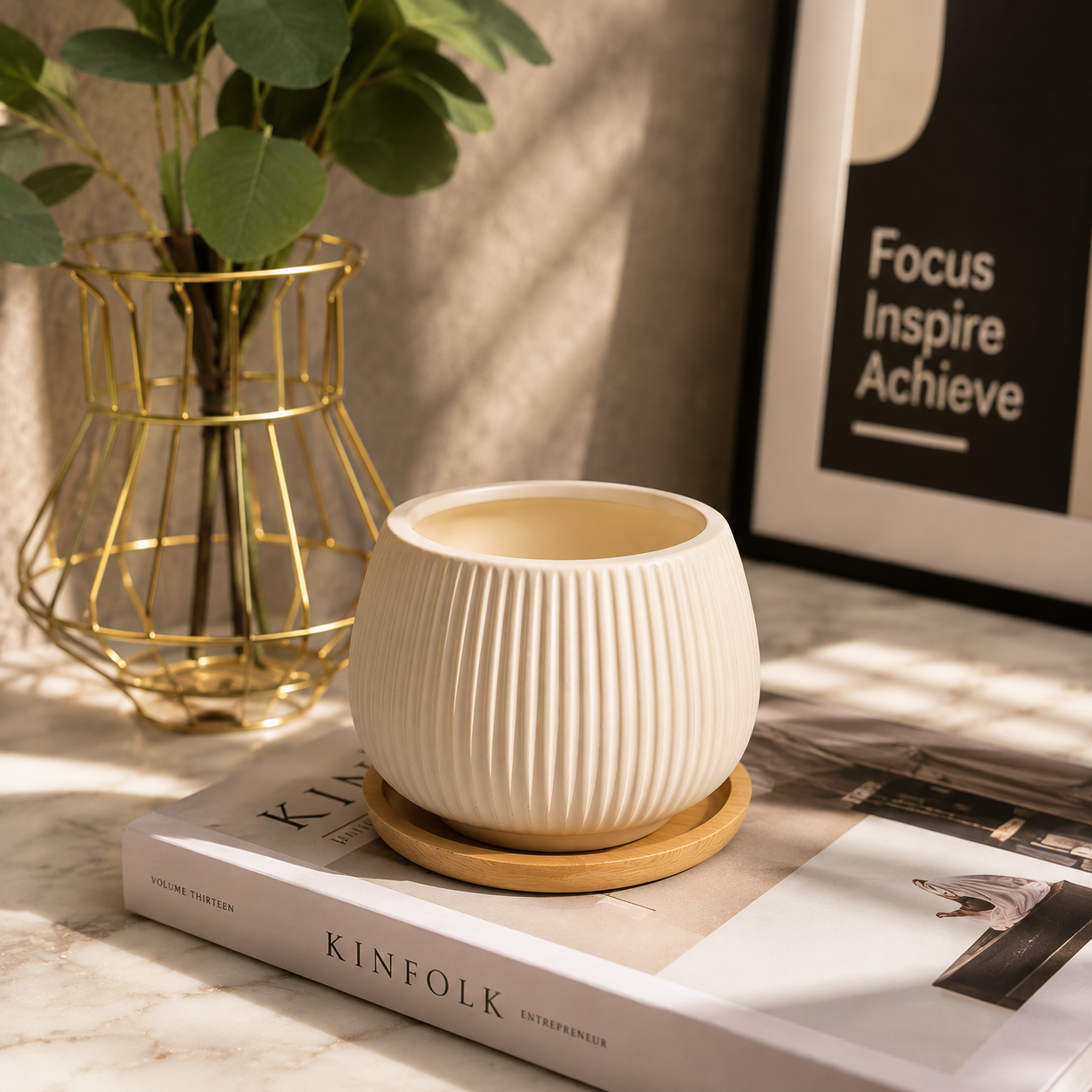 Premium Ribbed Round Ceramic Planter Pot for Succulents, Cactus & Small Indoor Plants | Modern Decorative Ceramic Flower Pot for Home & Office