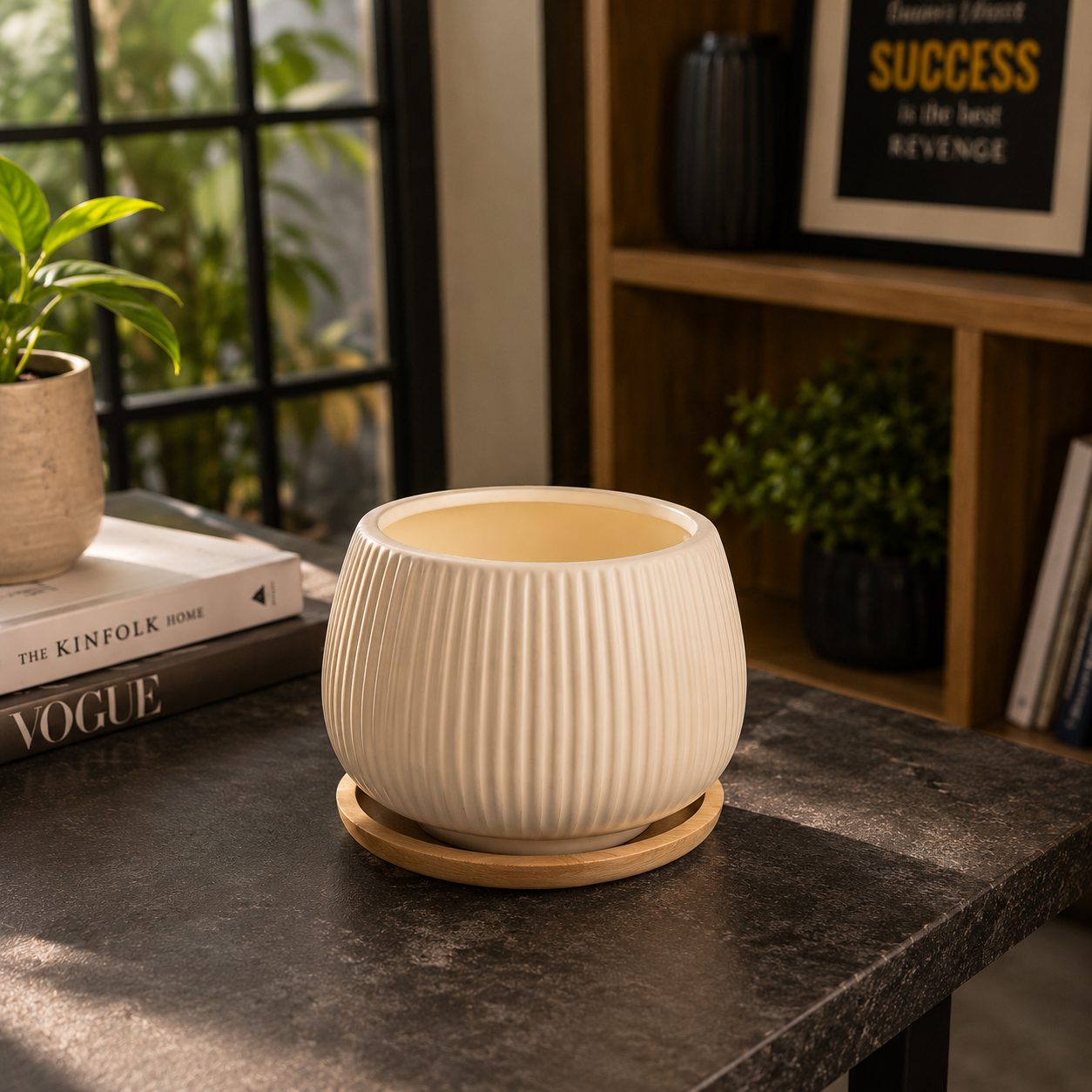 Premium Ribbed Round Ceramic Planter Pot for Succulents, Cactus & Small Indoor Plants | Modern Decorative Ceramic Flower Pot for Home & Office
