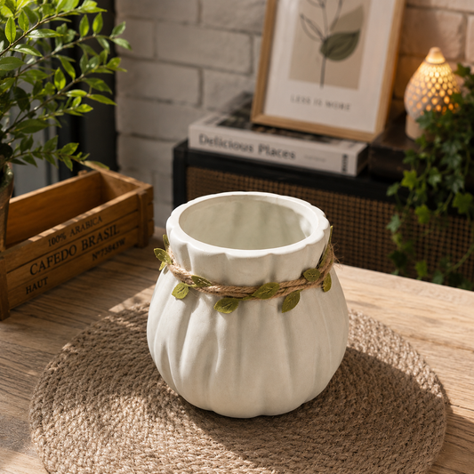 Rustic Pumpkin Shape Ceramic Planter Pot with Decorative Leaf Rope | Cute Indoor Flower Pot for Succulents, Cactus & Small Plants | Modern Tabletop Ceramic Pot