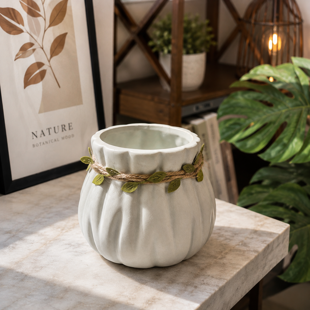 Rustic Pumpkin Shape Ceramic Planter Pot with Decorative Leaf Rope | Cute Indoor Flower Pot for Succulents, Cactus & Small Plants | Modern Tabletop Ceramic Pot