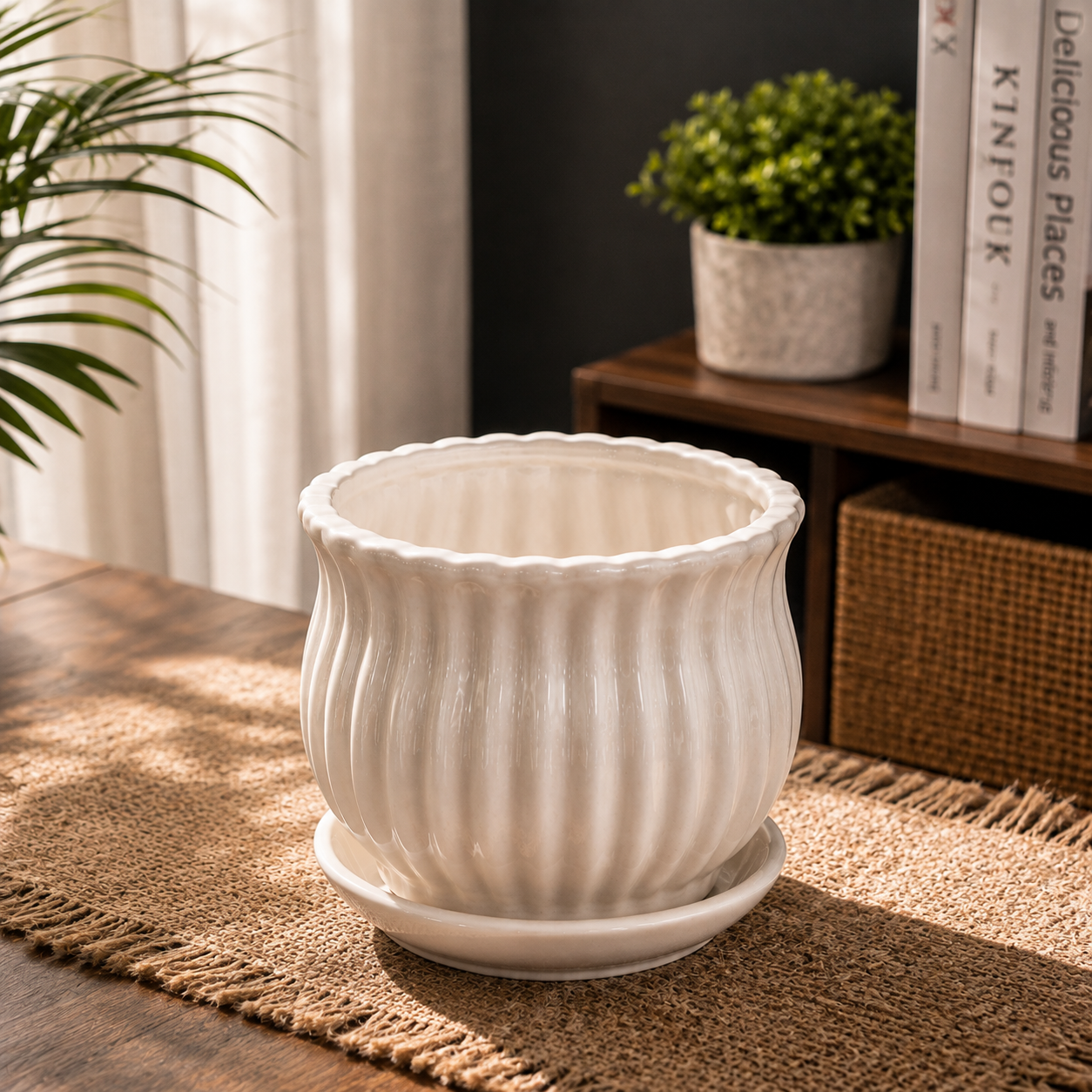 Elegant Ribbed White Ceramic Planter Pot with Saucer | Decorative Indoor Flower Pot for Succulents, Snake Plants & Tabletop Plants