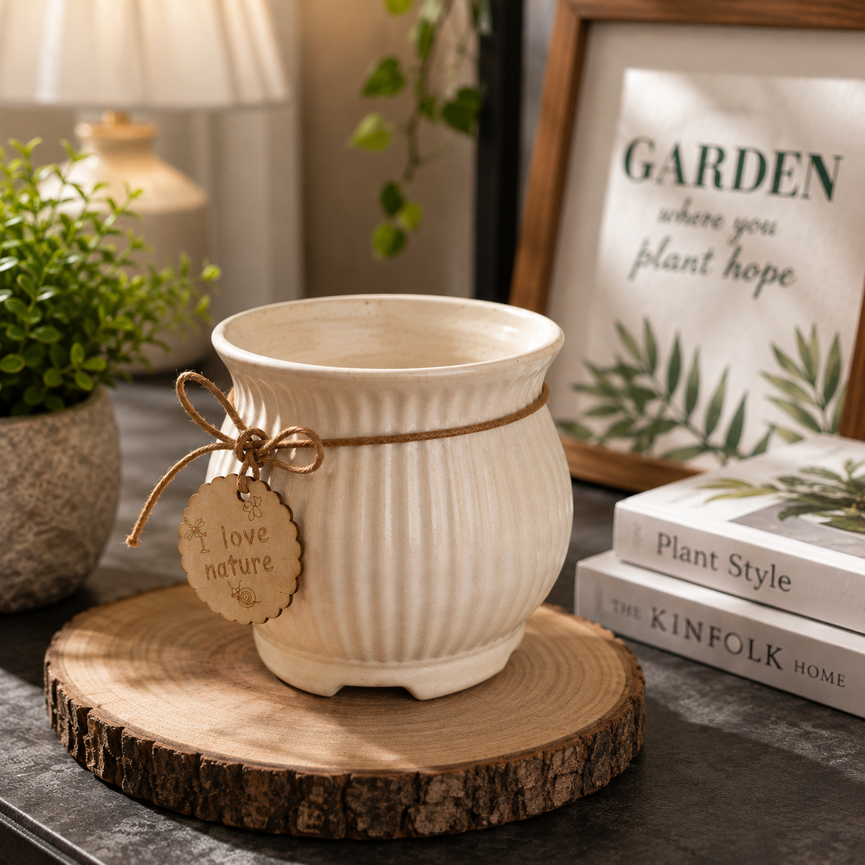 Rustic Ribbed Ceramic Flower Pot with "I Love Nature" Wooden Charm | Decorative Indoor Planter for Home & Office