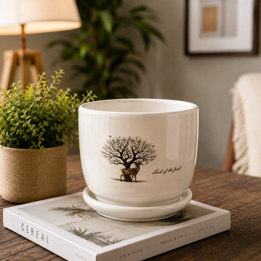 Premium White Ceramic Lord of the Forest Printed Indoor Flower Pot with Matching Saucer for Home, Office Desk & Tabletop Plants