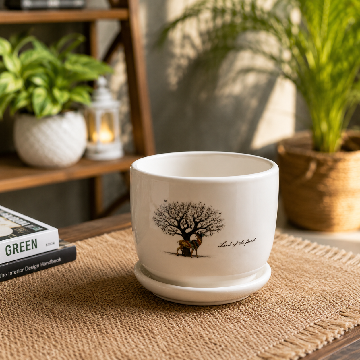 Premium White Ceramic Lord of the Forest Printed Indoor Flower Pot with Matching Saucer for Home, Office Desk & Tabletop Plants