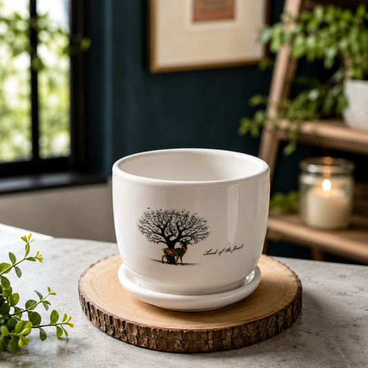 Premium White Ceramic Lord of the Forest Printed Indoor Flower Pot with Matching Saucer for Home, Office Desk & Tabletop Plants