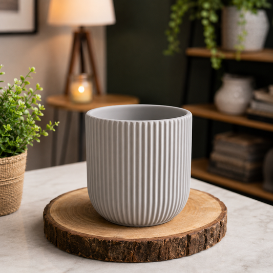 Premium White Ribbed Ceramic Indoor Plant Pot for Home, Office Desk, Living Room & Tabletop Decoration