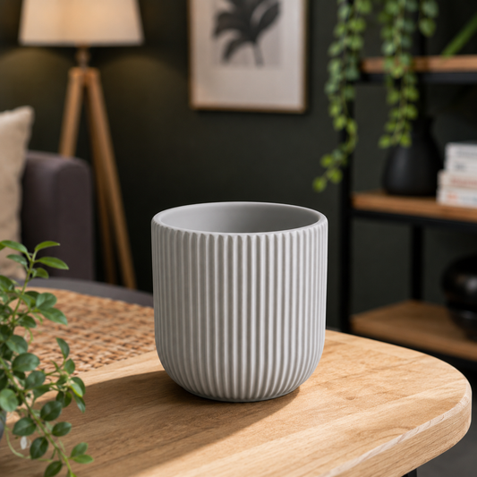 Premium White Ribbed Ceramic Indoor Plant Pot for Home, Office Desk, Living Room & Tabletop Decoration