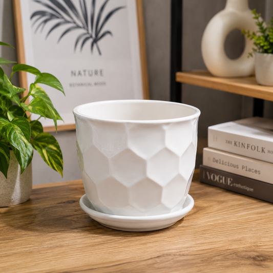Premium White Geometric Ceramic Indoor Flower Pot with Matching Saucer for Home, Office Desk, Living Room & Tabletop Plants
