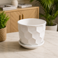 Premium White Geometric Ceramic Indoor Flower Pot with Matching Saucer for Home, Office Desk, Living Room & Tabletop Plants