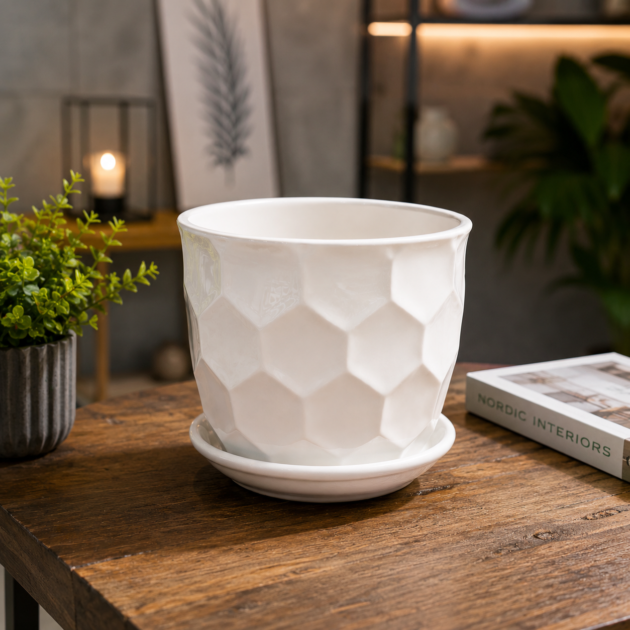 Premium White Geometric Ceramic Indoor Flower Pot with Matching Saucer for Home, Office Desk, Living Room & Tabletop Plants
