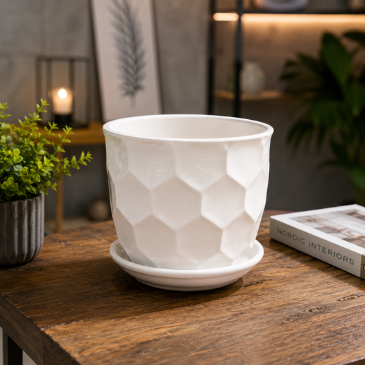 Premium White Geometric Ceramic Indoor Flower Pot with Matching Saucer for Home, Office Desk, Living Room & Tabletop Plants