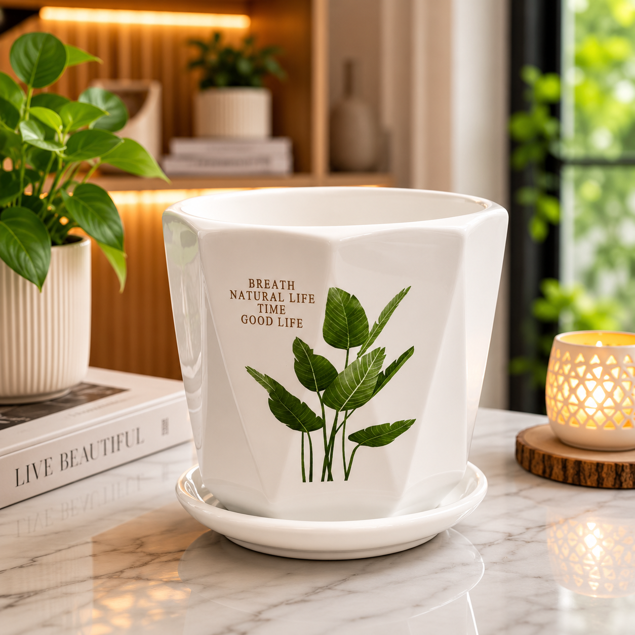 Premium White Ceramic Indoor Plant Pot with Green Leaf Print & Matching Saucer for Home, Office Desk, Living Room & Tabletop Plants
