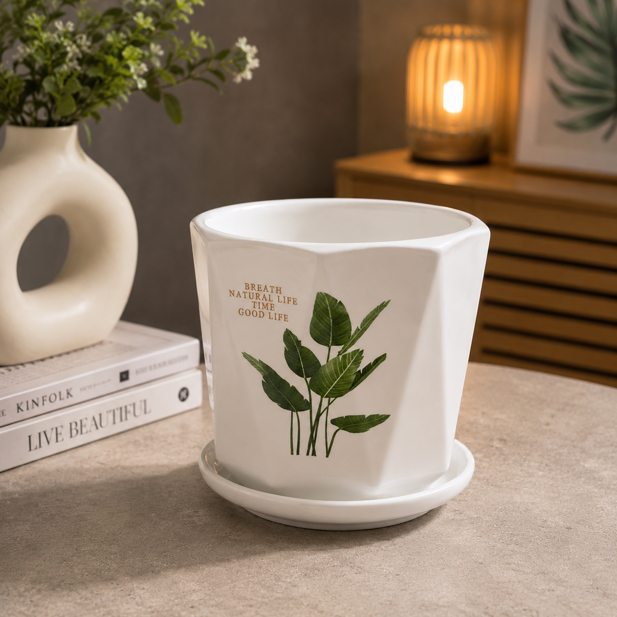 Premium White Ceramic Indoor Plant Pot with Green Leaf Print & Matching Saucer for Home, Office Desk, Living Room & Tabletop Plants