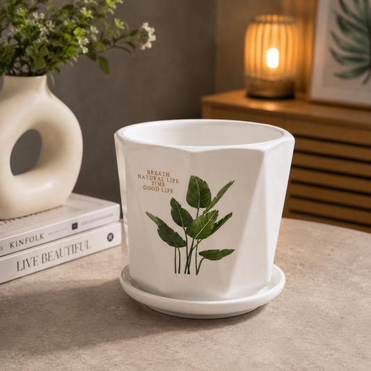 Premium White Ceramic Indoor Plant Pot with Green Leaf Print & Matching Saucer for Home, Office Desk, Living Room & Tabletop Plants