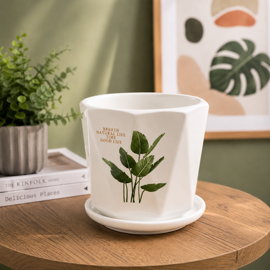 Premium White Ceramic Indoor Plant Pot with Green Leaf Print & Matching Saucer for Home, Office Desk, Living Room & Tabletop Plants