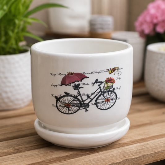 Decorative White Ceramic Bicycle Printed Flower Pot with Matching Saucer for Indoor Plants, Succulents, Cactus & Home Office Table Decor