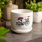 Decorative White Ceramic Bicycle Printed Flower Pot with Matching Saucer for Indoor Plants, Succulents, Cactus & Home Office Table Decor