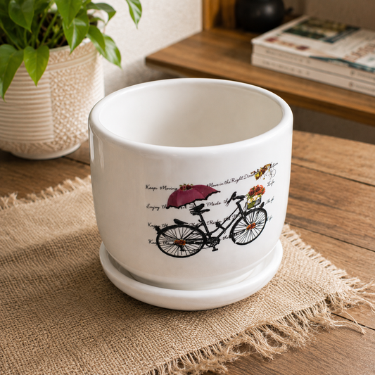 Decorative White Ceramic Bicycle Printed Flower Pot with Matching Saucer for Indoor Plants, Succulents, Cactus & Home Office Table Decor
