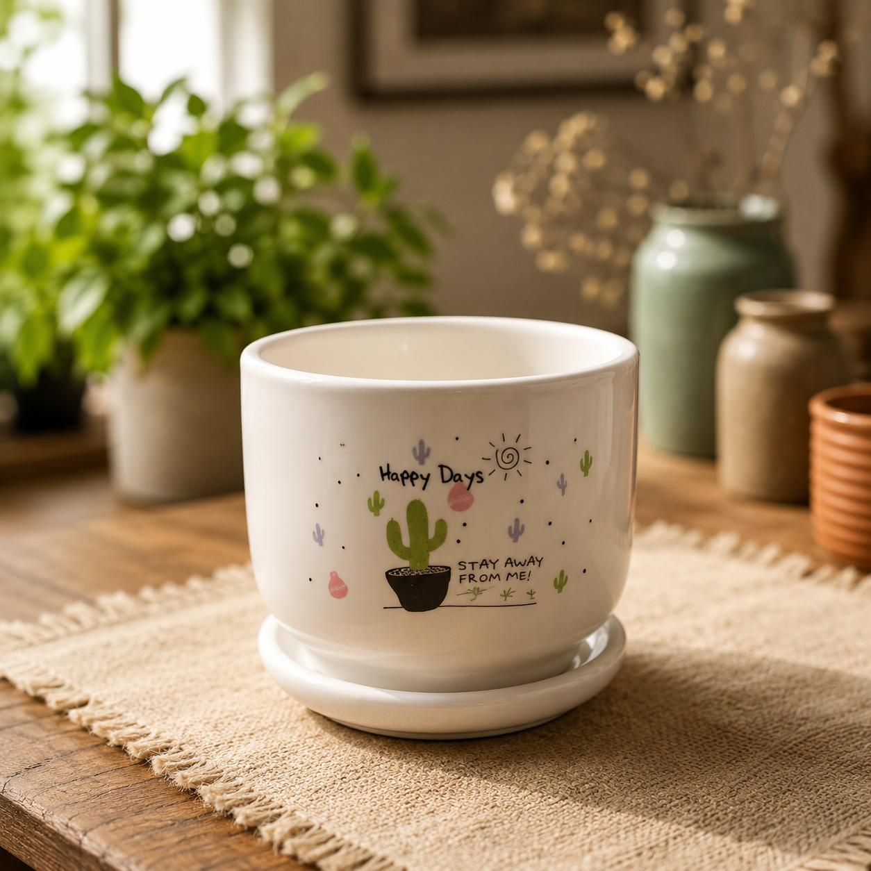 Premium White Ceramic Happy Days Cactus Printed Indoor Flower Pot with Matching Saucer for Home, Office Desk & Tabletop Plants