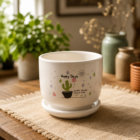 Premium White Ceramic Happy Days Cactus Printed Indoor Flower Pot with Matching Saucer for Home, Office Desk & Tabletop Plants