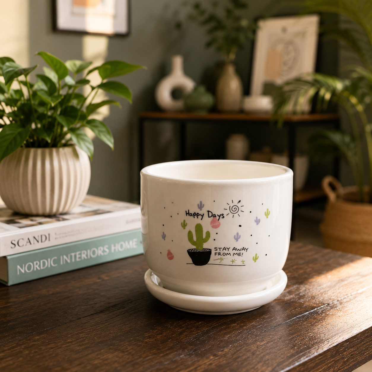Premium White Ceramic Happy Days Cactus Printed Indoor Flower Pot with Matching Saucer for Home, Office Desk & Tabletop Plants