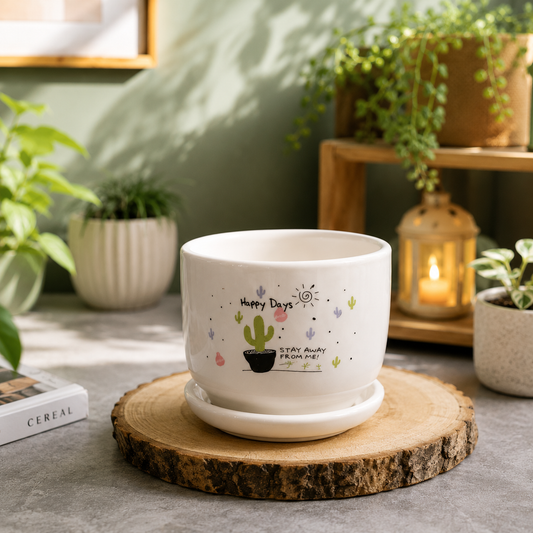 Premium White Ceramic Happy Days Cactus Printed Indoor Flower Pot with Matching Saucer for Home, Office Desk & Tabletop Plants