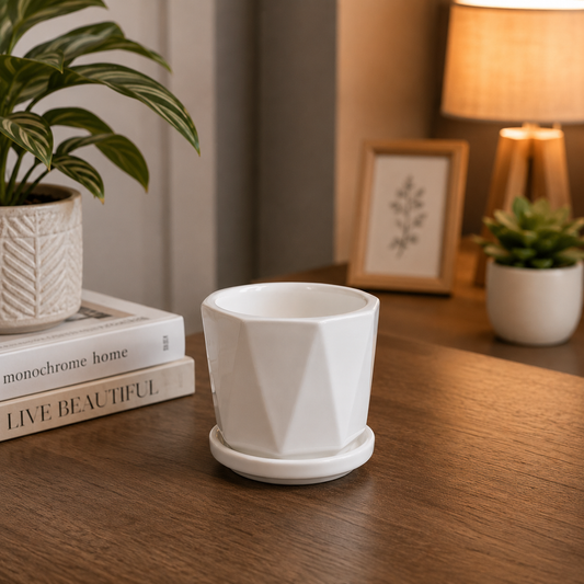 Premium White Geometric Ceramic Plant Pot Set with Matching Saucers for Indoor Plants, Home Decoration, Office Desk & Tabletop Planters (Available in Multiple Sizes)