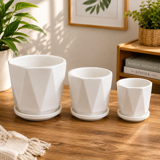Premium White Geometric Ceramic Plant Pot Set with Matching Saucers for Indoor Plants, Home Decoration, Office Desk & Tabletop Planters (Available in Multiple Sizes)