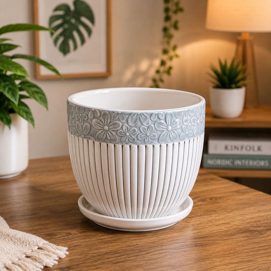Premium Floral Embossed Ceramic Flower Pot Set with Matching Saucers for Indoor Plants, Home Décor, Office Desk & Living Room Decoration