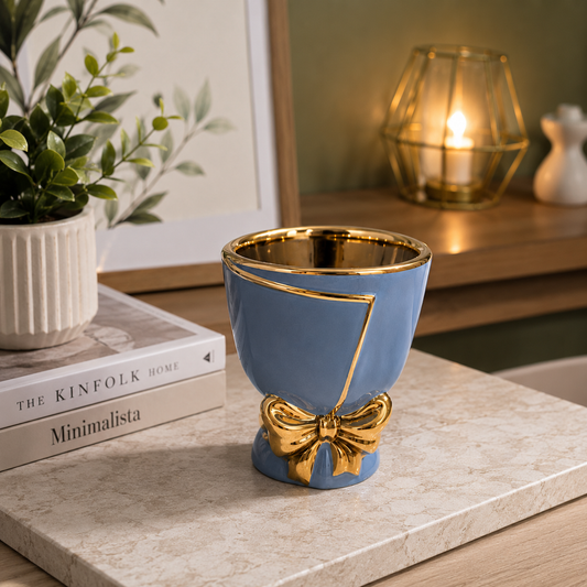 Premium Blue Ceramic Decorative Flower Pot with Golden Bow Design & Metallic Finish for Indoor Plants, Home Décor, Office Table & Gifting