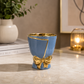 Premium Blue Ceramic Decorative Flower Pot with Golden Bow Design & Metallic Finish for Indoor Plants, Home Décor, Office Table & Gifting