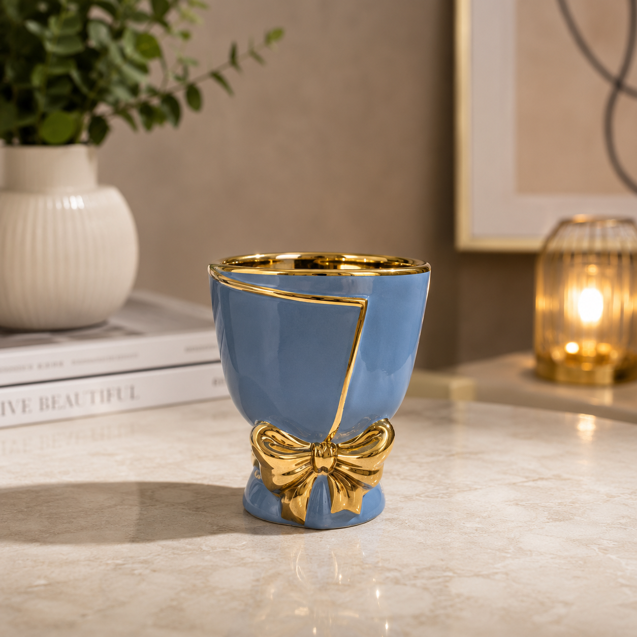 Premium Blue Ceramic Decorative Flower Pot with Golden Bow Design & Metallic Finish for Indoor Plants, Home Décor, Office Table & Gifting