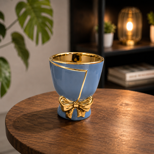 Premium Blue Ceramic Decorative Flower Pot with Golden Bow Design & Metallic Finish for Indoor Plants, Home Décor, Office Table & Gifting