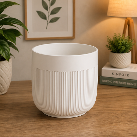 Premium White Ribbed Ceramic Indoor Plant Pot with Marble Finish for Home, Office, Living Room & Tabletop Plants
