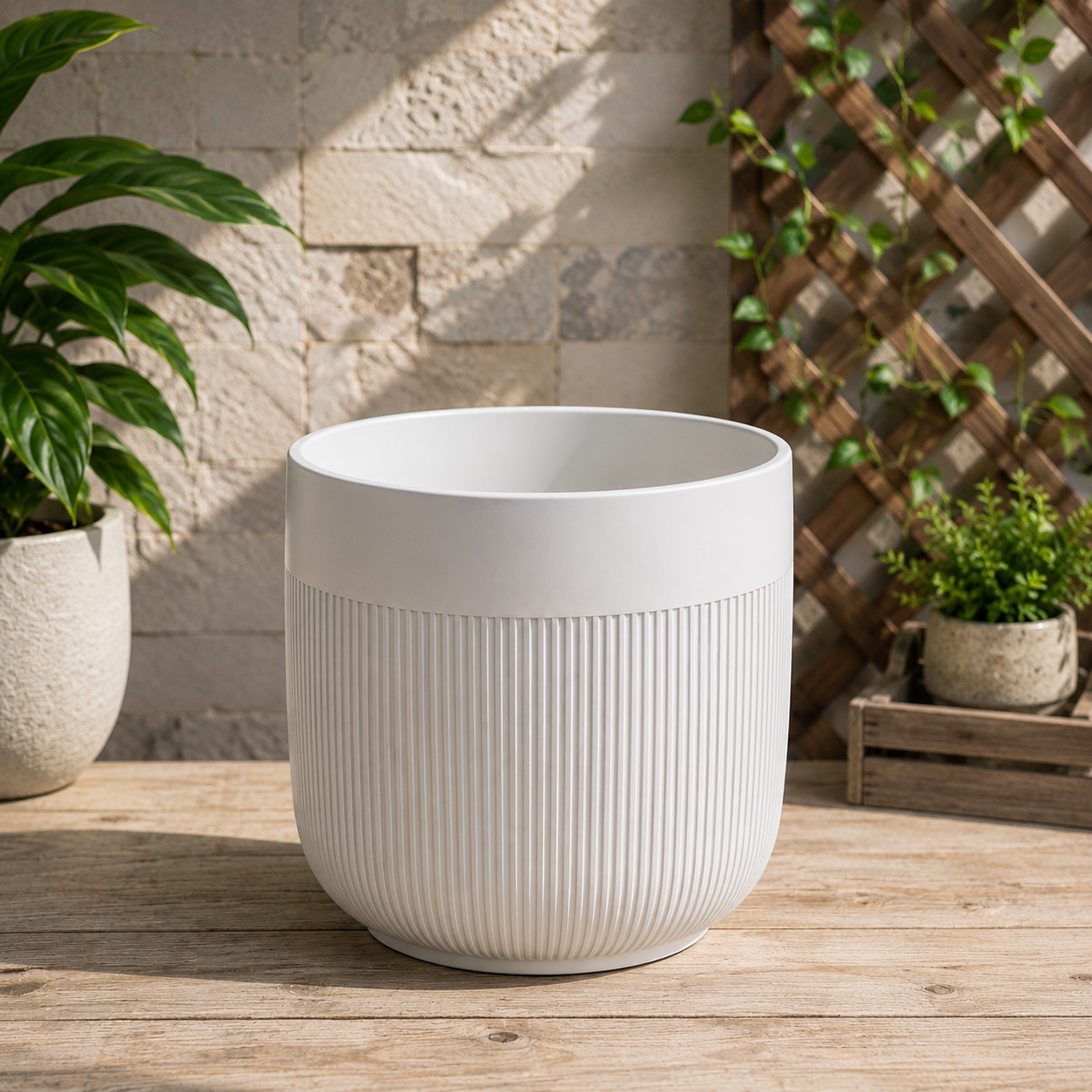 Premium White Ribbed Ceramic Indoor Plant Pot with Marble Finish for Home, Office, Living Room & Tabletop Plants