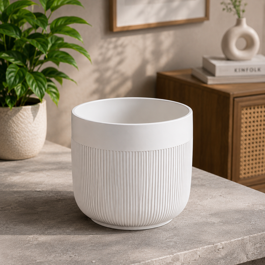 Premium White Ribbed Ceramic Indoor Plant Pot with Marble Finish for Home, Office, Living Room & Tabletop Plants